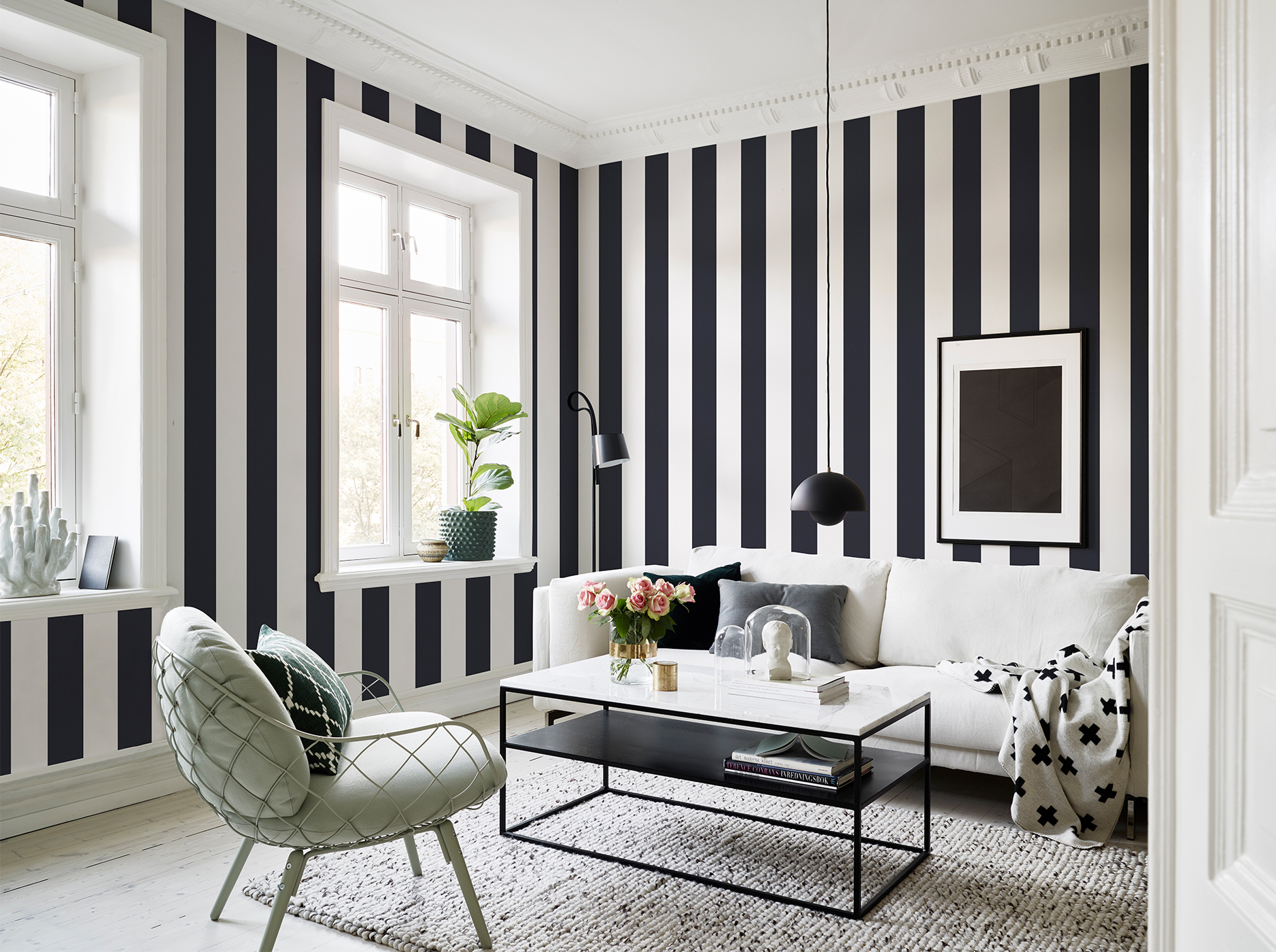 striped wallpaper living room